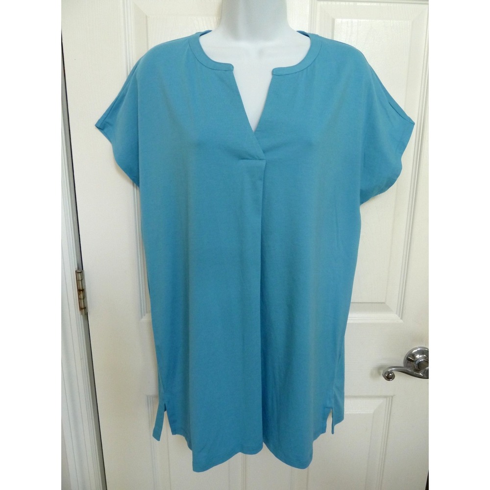 Lands' End Women Blue Cotton Tunic Top Notched Neck Cap Sleeve Size Medium 10-12